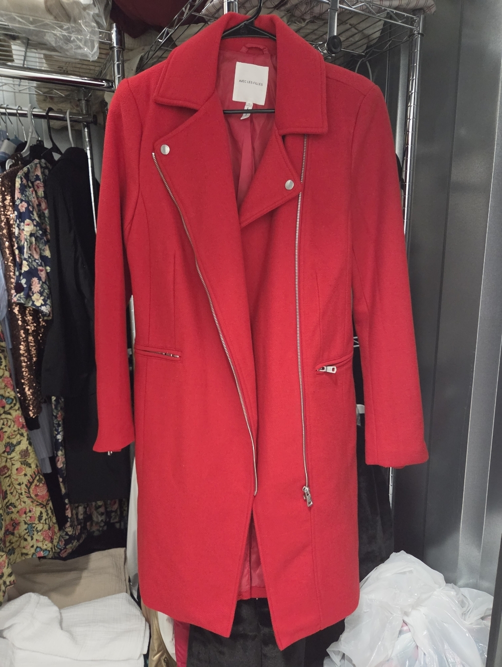 Avec Les Filles Red Wool-like Trench Coat with Asymmetrical Zip
